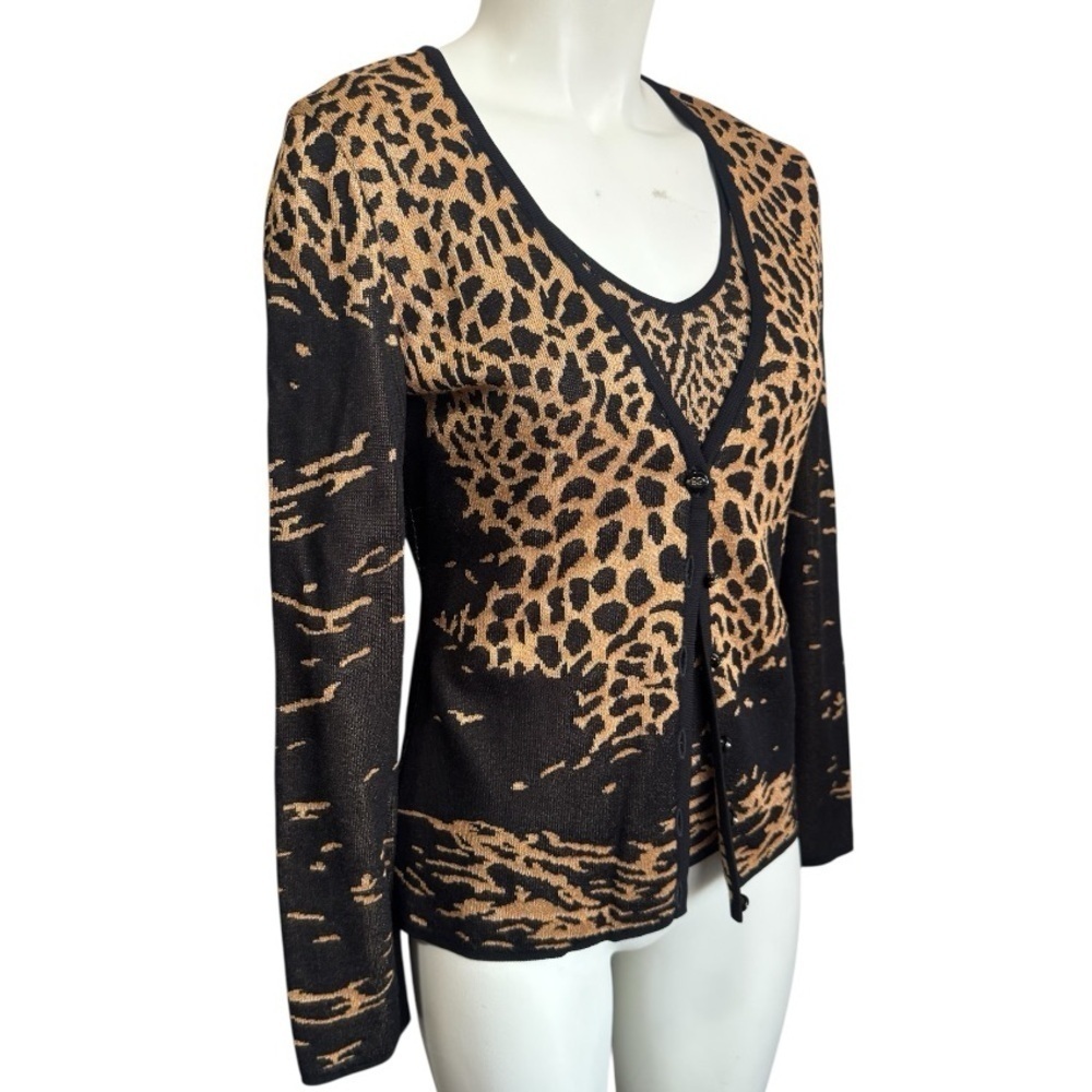 Vintage Escada Leopard Twin Set | Amber Rhinestone Sparkle Shell + Cardigan - Picture 6 of 14